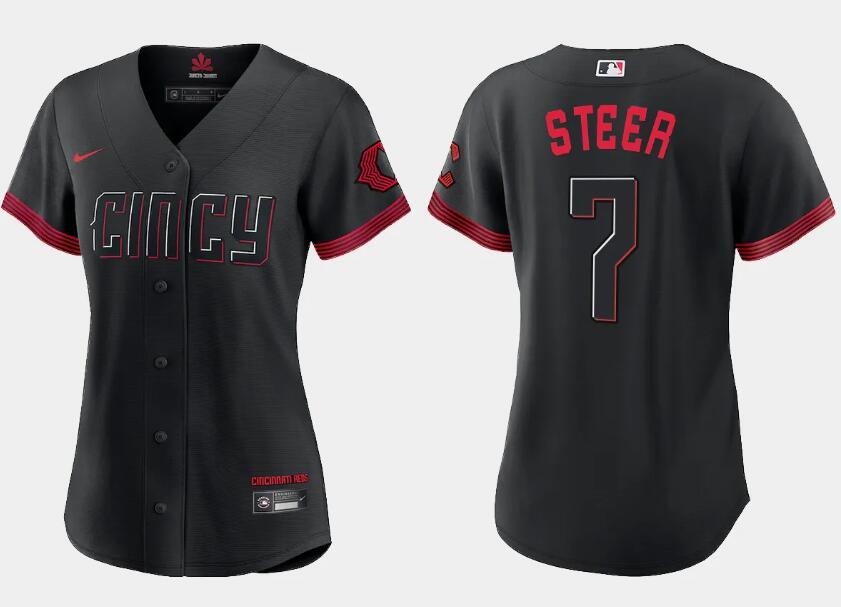 Women's Cincinnati Reds #7 Spencer Steer Black 2023 City Connect Stitched Baseball Jersey(Run Small)